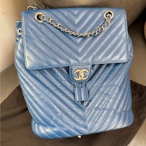 CHANEL Quilted Chevron Leather Backpack in Steel Blue with Gold Hardware